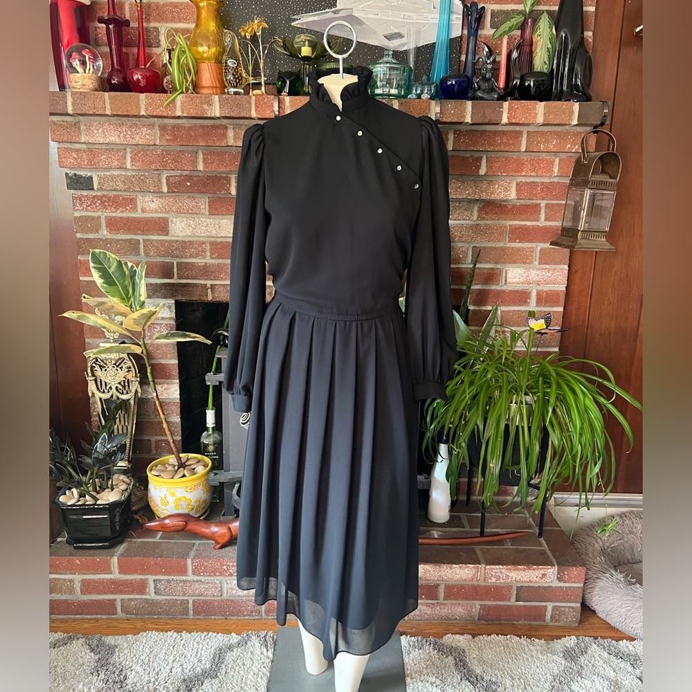 Vintage Black Button Detail Shirt Dress with Diagonal Bib and Ruffle collar